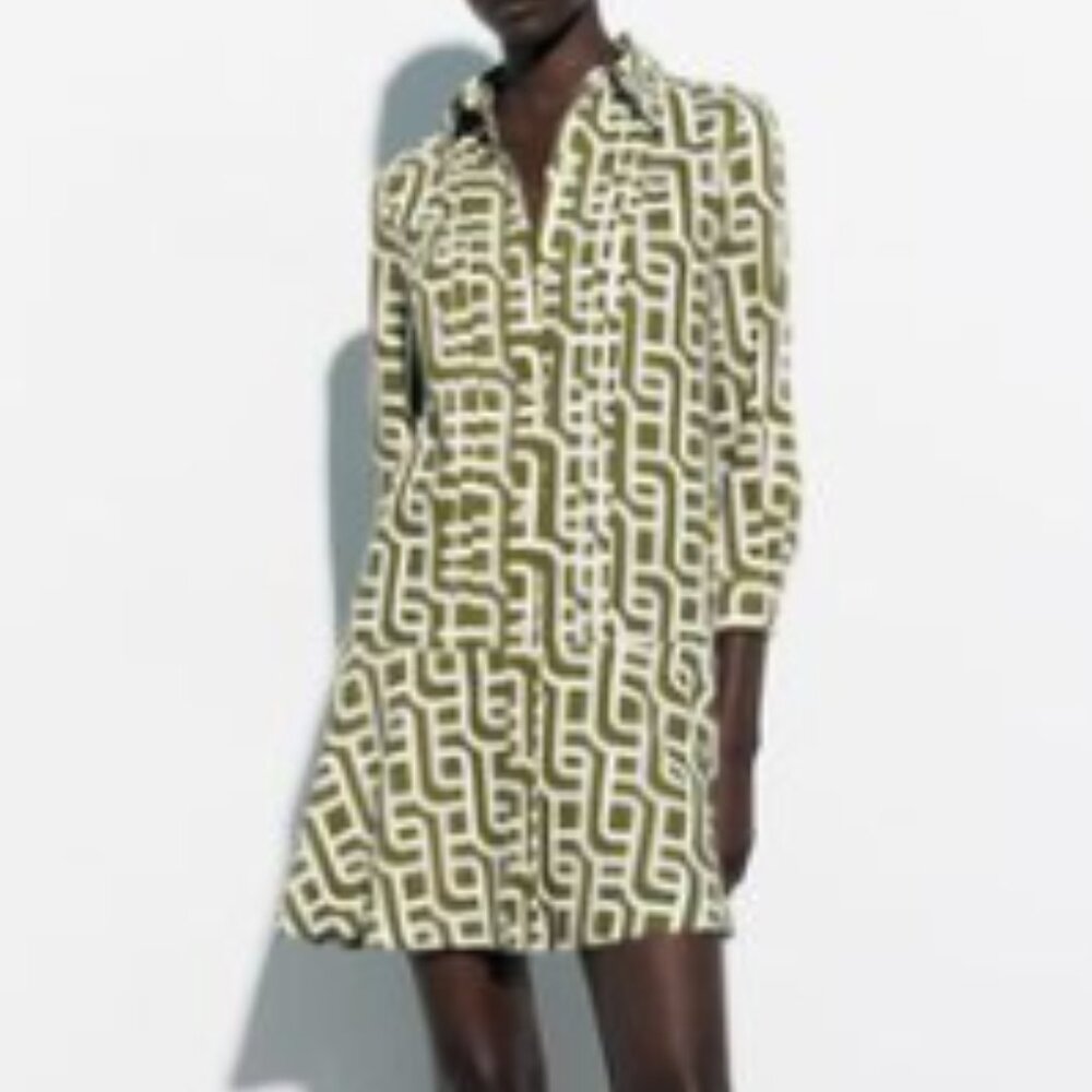 GEOMETRIC PRINT LINEN BLEND DRESS M | Ecru / Green